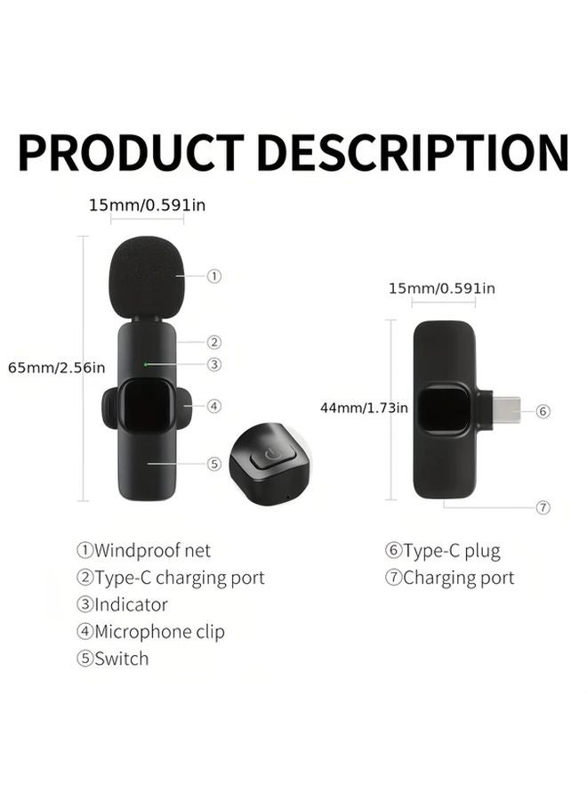 ميكروفون لافالير لاسلكي أسود مع تقليل الضوضاء لهواتف آيفون وأندرويد ومنفذ USB-C - Image 2